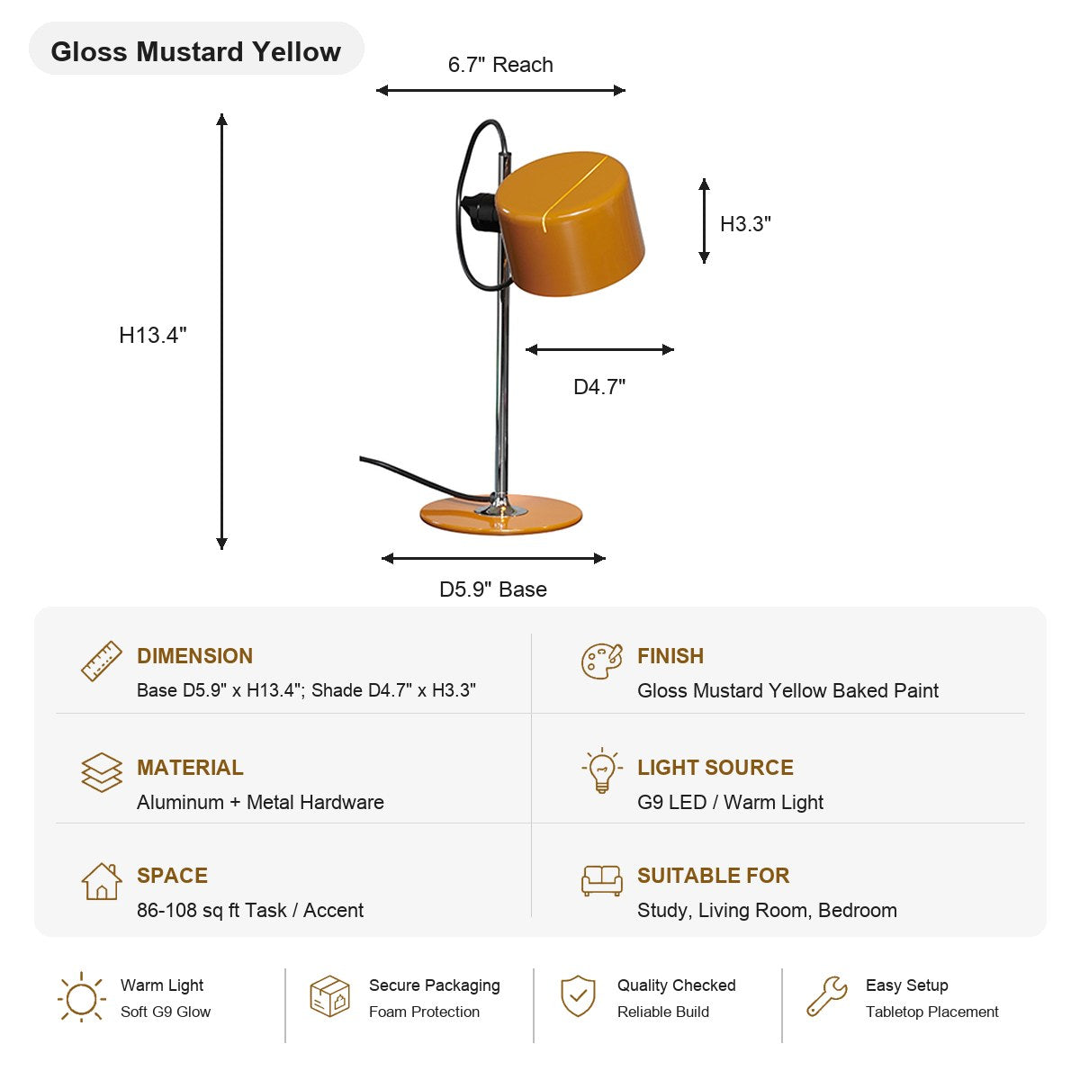 Adjustable Gloss Aluminum Table Lamp - SKU spec card - 8091-sku-al-8091-my