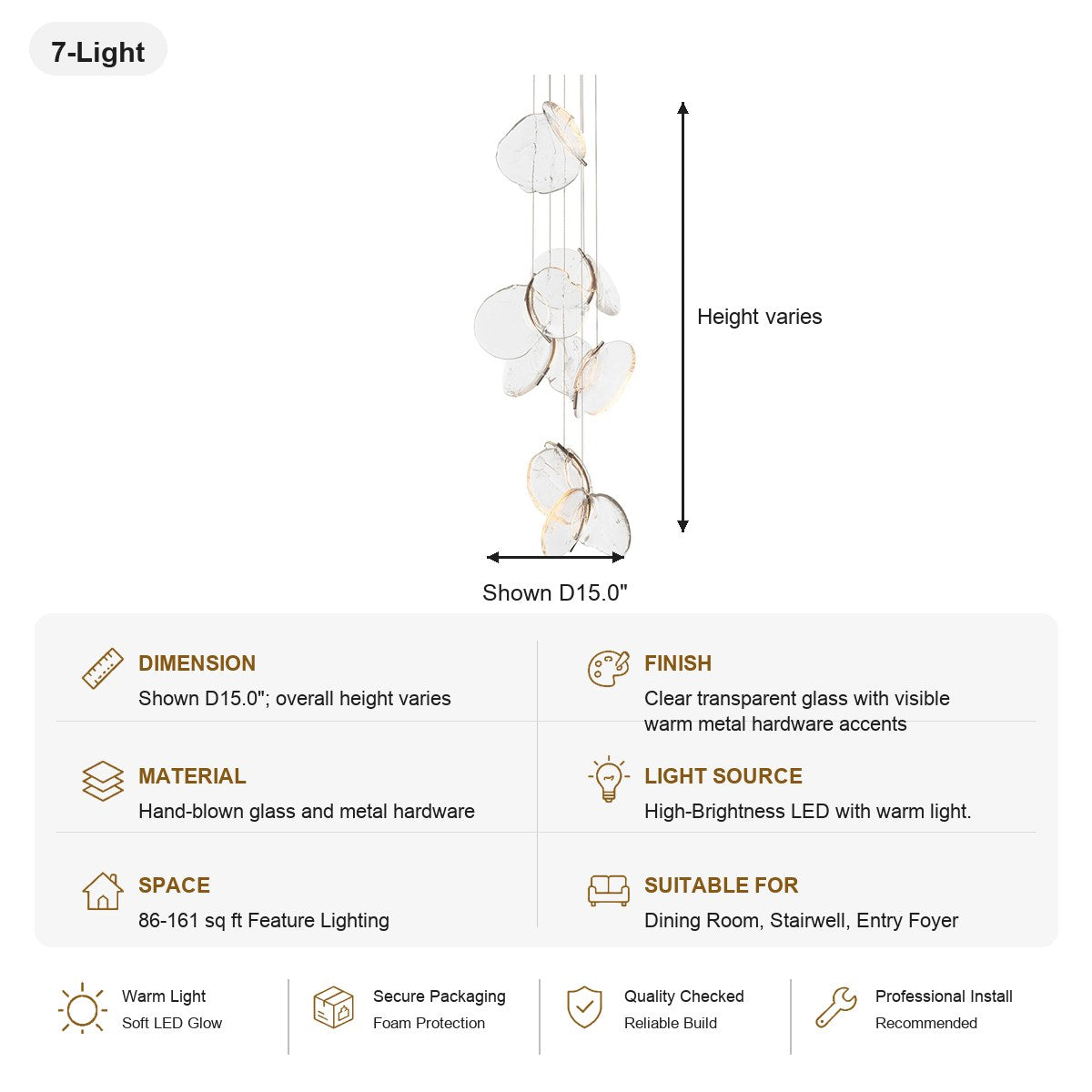 Clear Blown Glass Petal Cascade Chandelier - SKU spec card - 8088-sku-al-8088-7l
