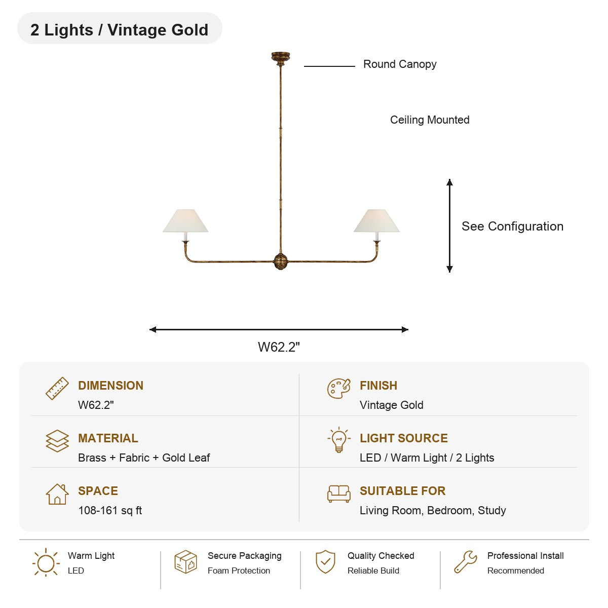 Tiered Brass and Fabric Linear Chandelier 2 Lights / Vintage Gold SKU specification card, view 13