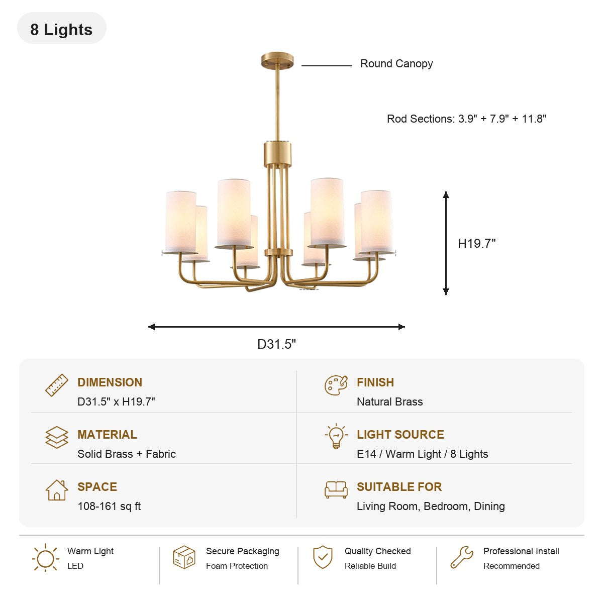 Solid Brass Tiered Chandelier 8 Lights SKU specification card, view 13