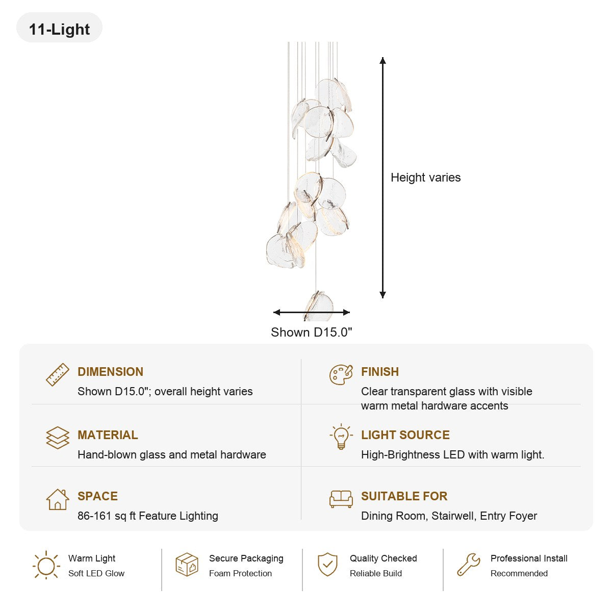Clear Blown Glass Petal Cascade Chandelier - SKU spec card - 8088-sku-al-8088-11l