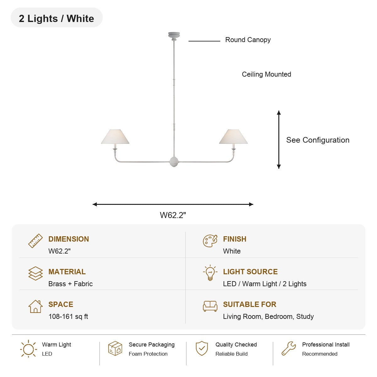 Tiered Brass and Fabric Linear Chandelier 2 Lights / White SKU specification card, view 14