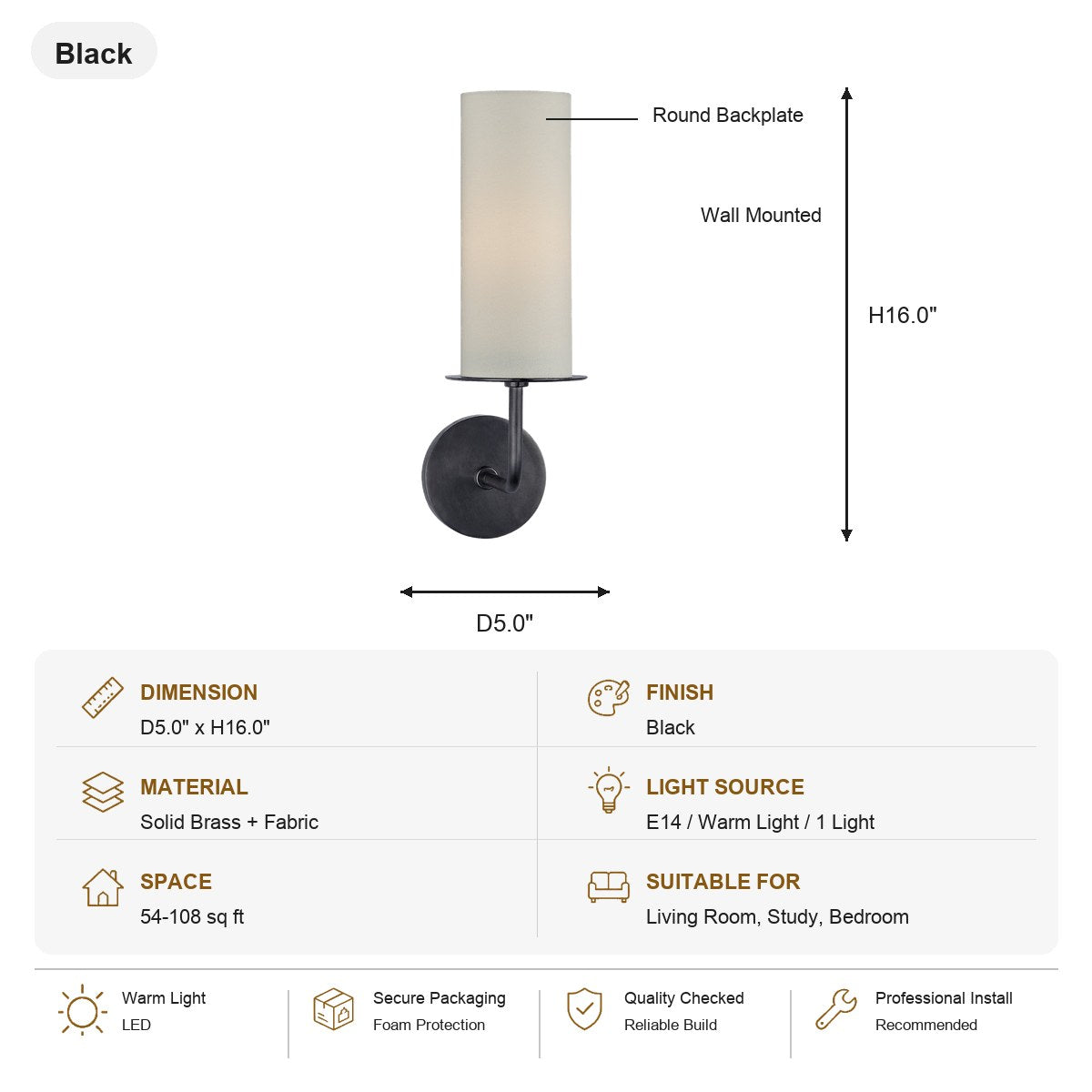 Solid Brass Fabric Shade Wall Sconce Black SKU specification card, view 14