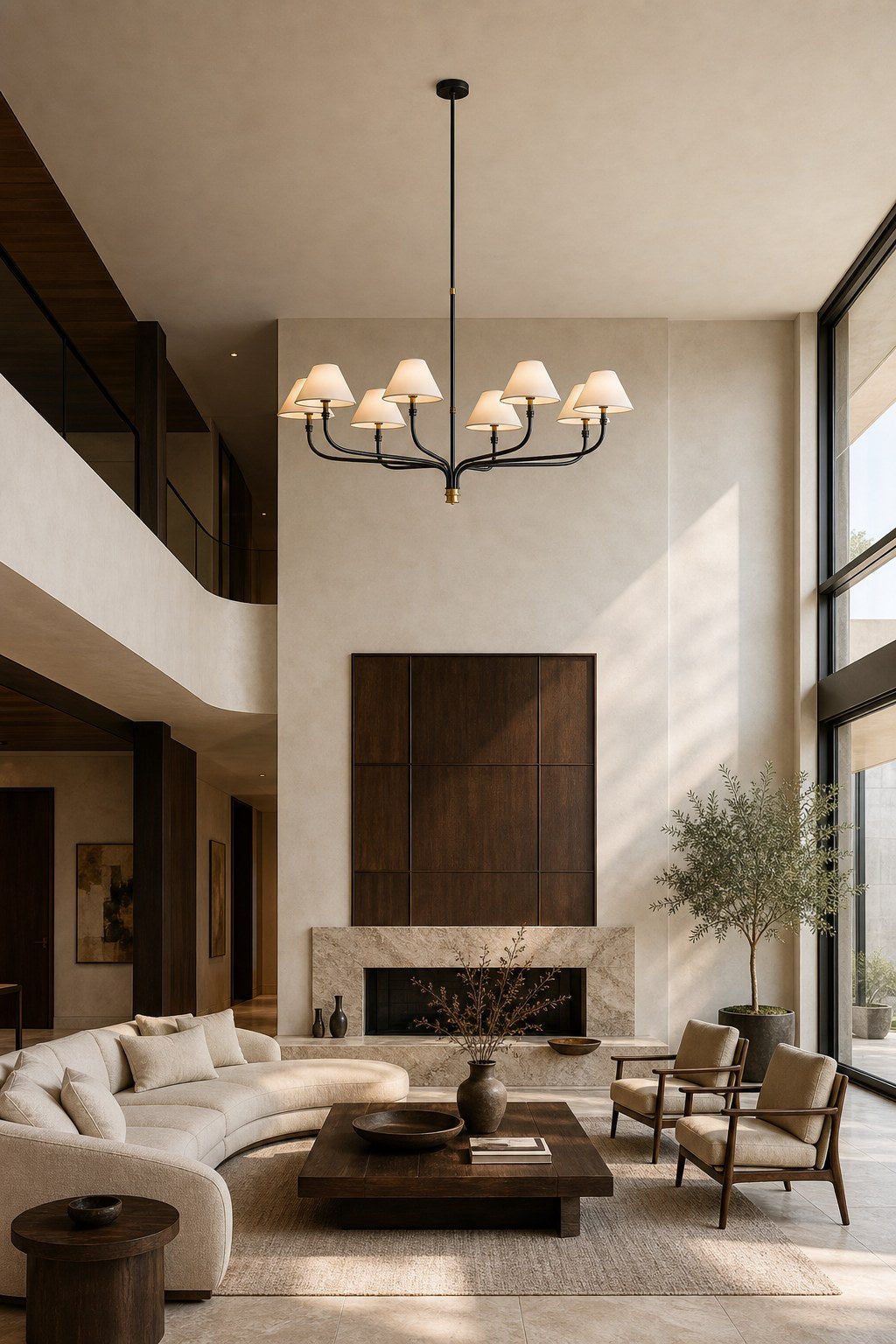 Brass and Black Linear Chandelier installed in a living room, view 14