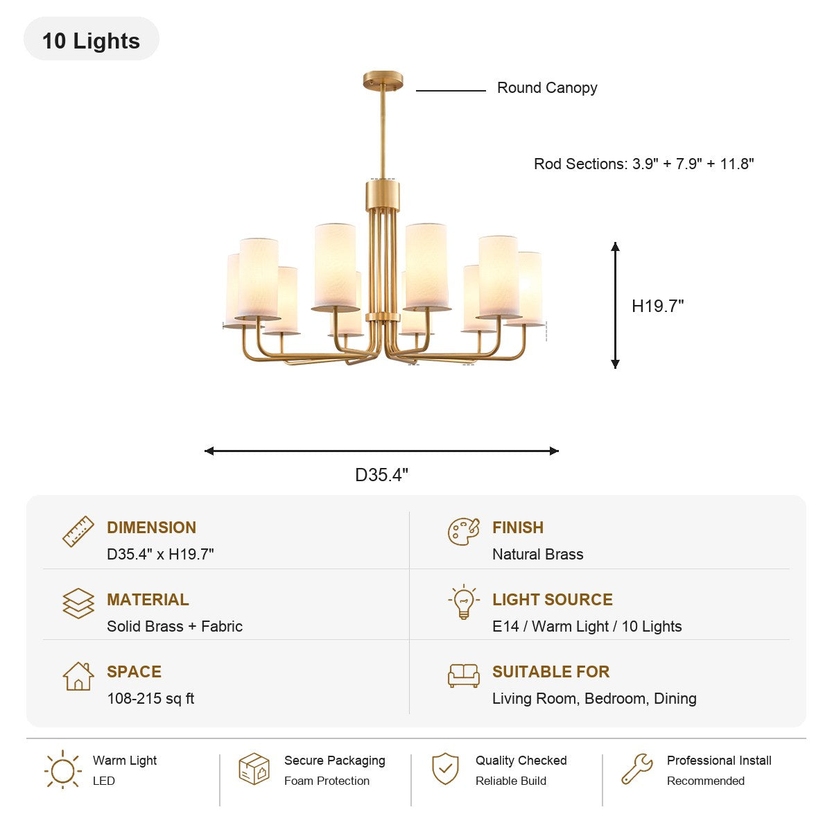 Solid Brass Tiered Chandelier 10 Lights SKU specification card, view 14