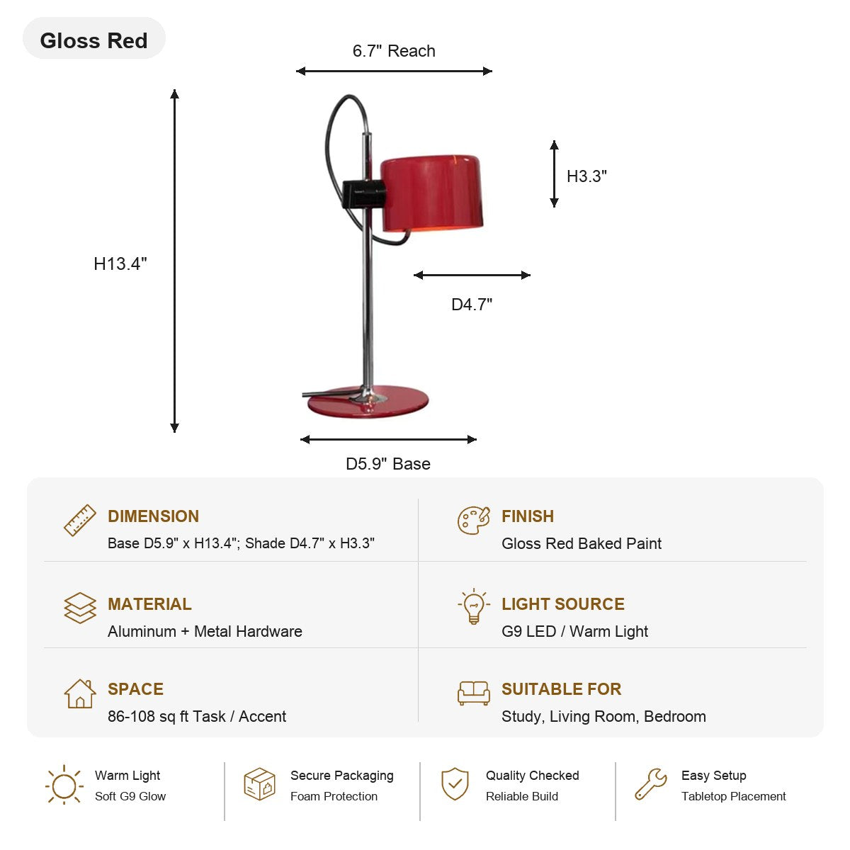 Adjustable Gloss Aluminum Table Lamp - SKU spec card - 8091-sku-al-8091-rd