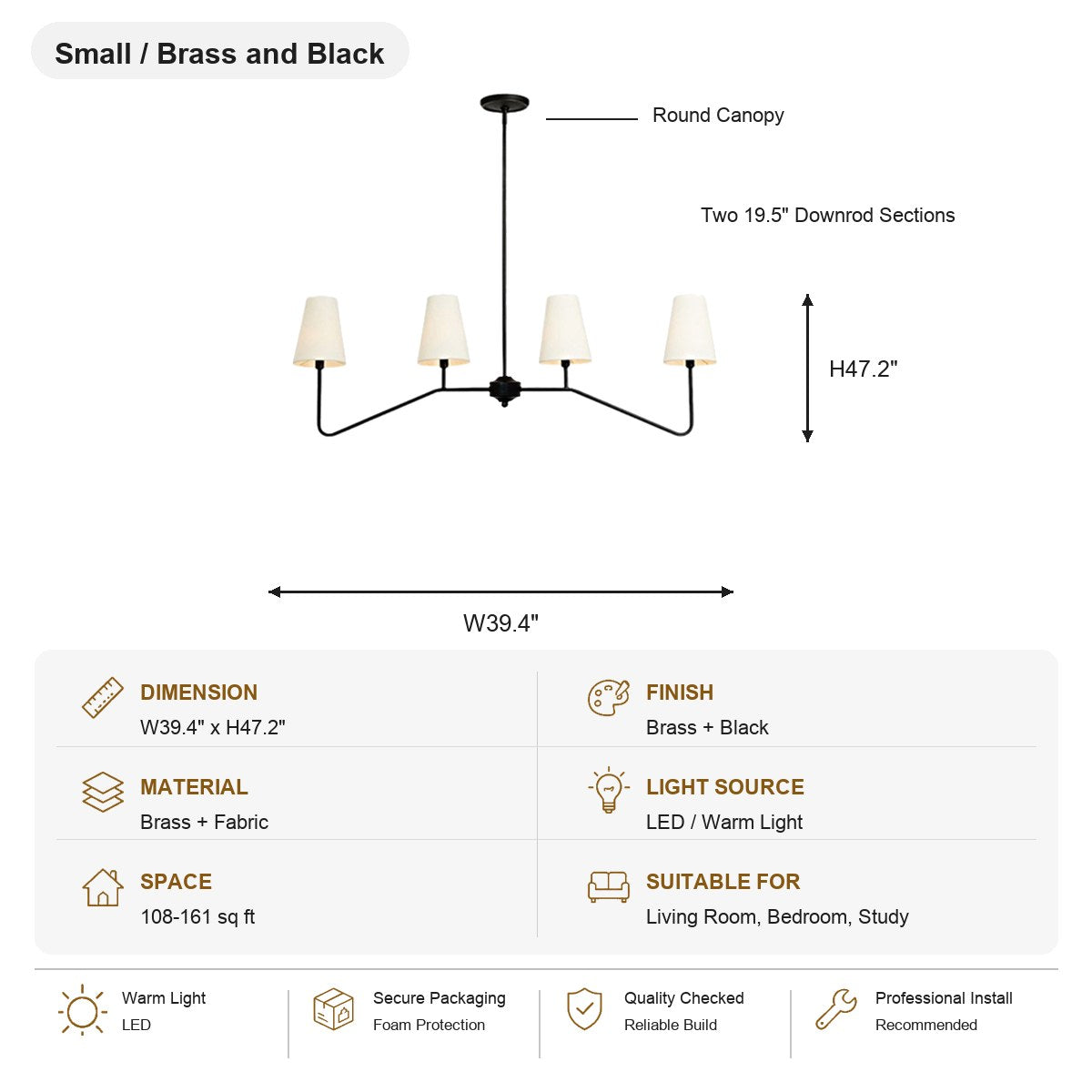 Four-Light Brass and Fabric Linear Chandelier Small / Brass and Black SKU specification card, view 14