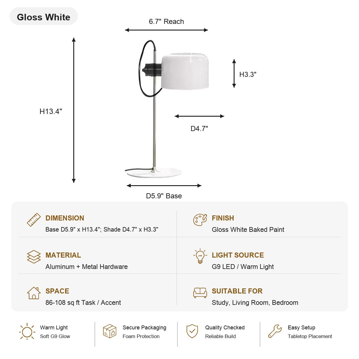 Adjustable Gloss Aluminum Table Lamp - SKU spec card - 8091-sku-al-8091-wh