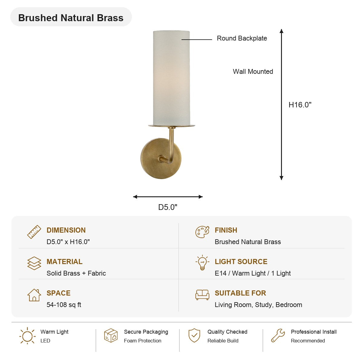 Solid Brass Fabric Shade Wall Sconce Brushed Natural Brass SKU specification card, view 15