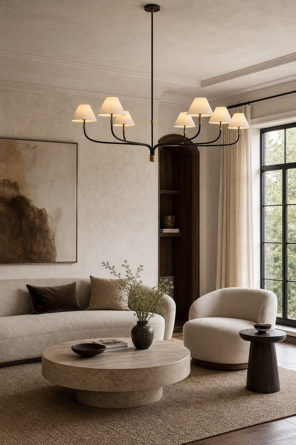 Brass and Black Linear Chandelier installed in a living room, view 15