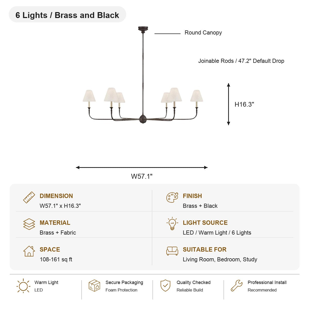 Tiered Brass and Fabric Linear Chandelier 6 Lights / Brass and Black SKU specification card, view 15