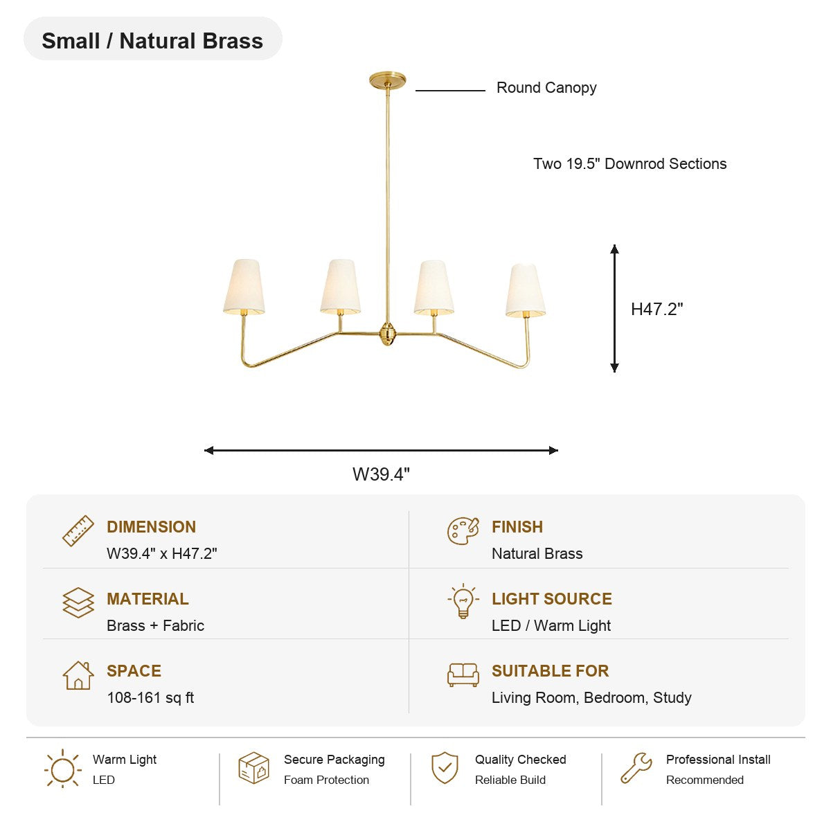 Four-Light Brass and Fabric Linear Chandelier Small / Natural Brass SKU specification card, view 15