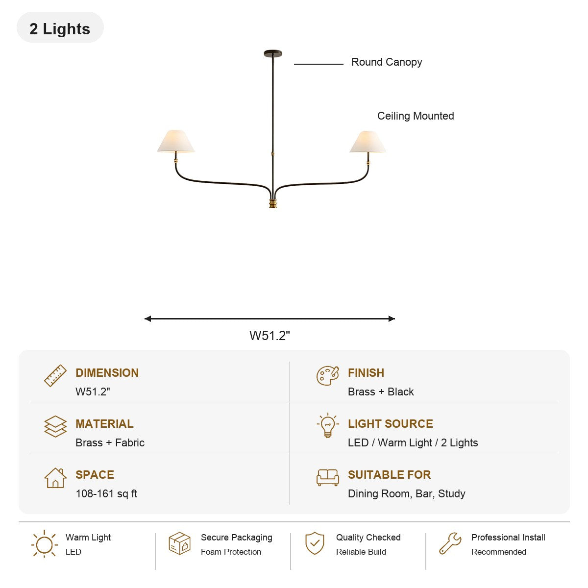 Brass and Black Linear Chandelier 2 Lights SKU specification card, view 16