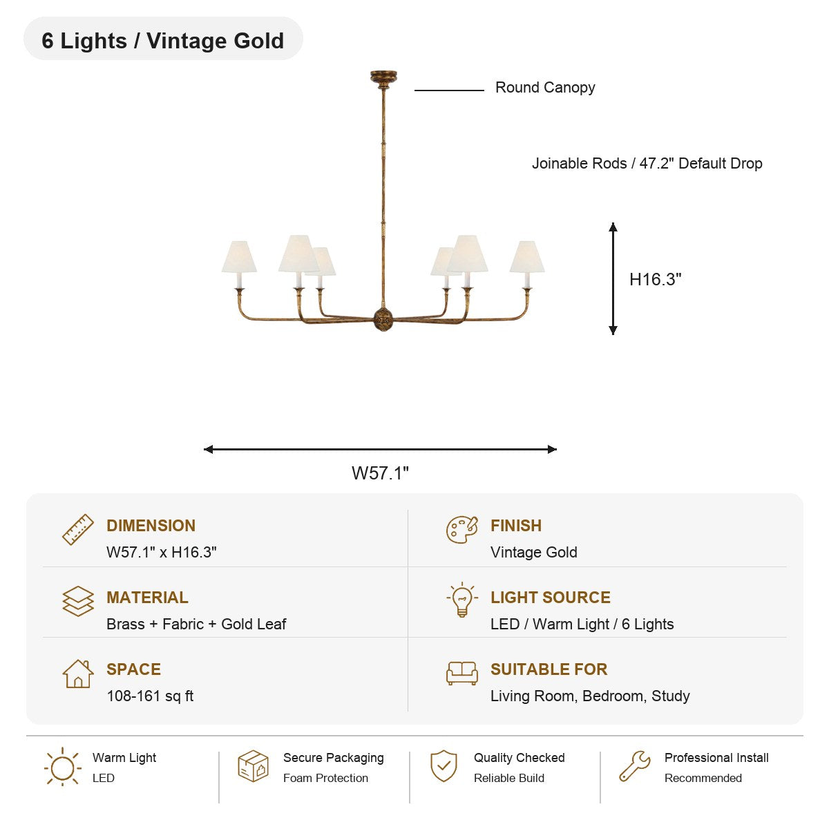 Tiered Brass and Fabric Linear Chandelier 6 Lights / Vintage Gold SKU specification card, view 16