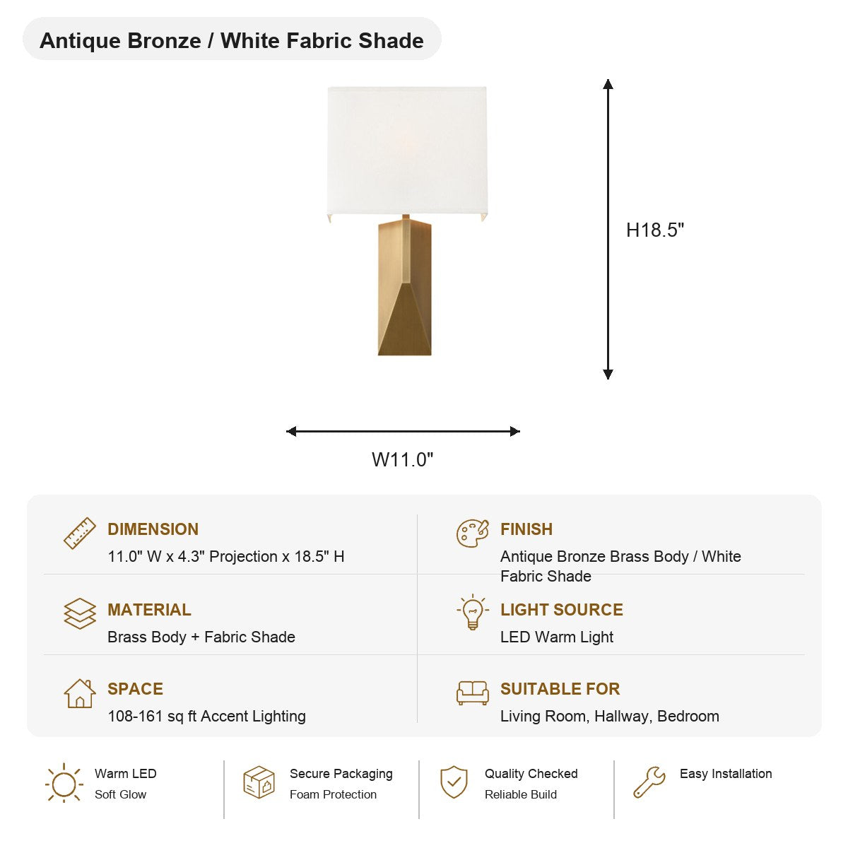 Geometric Brass Fabric Shade Wall Sconce - SKU spec card - 8090-sku-al-8090-ab