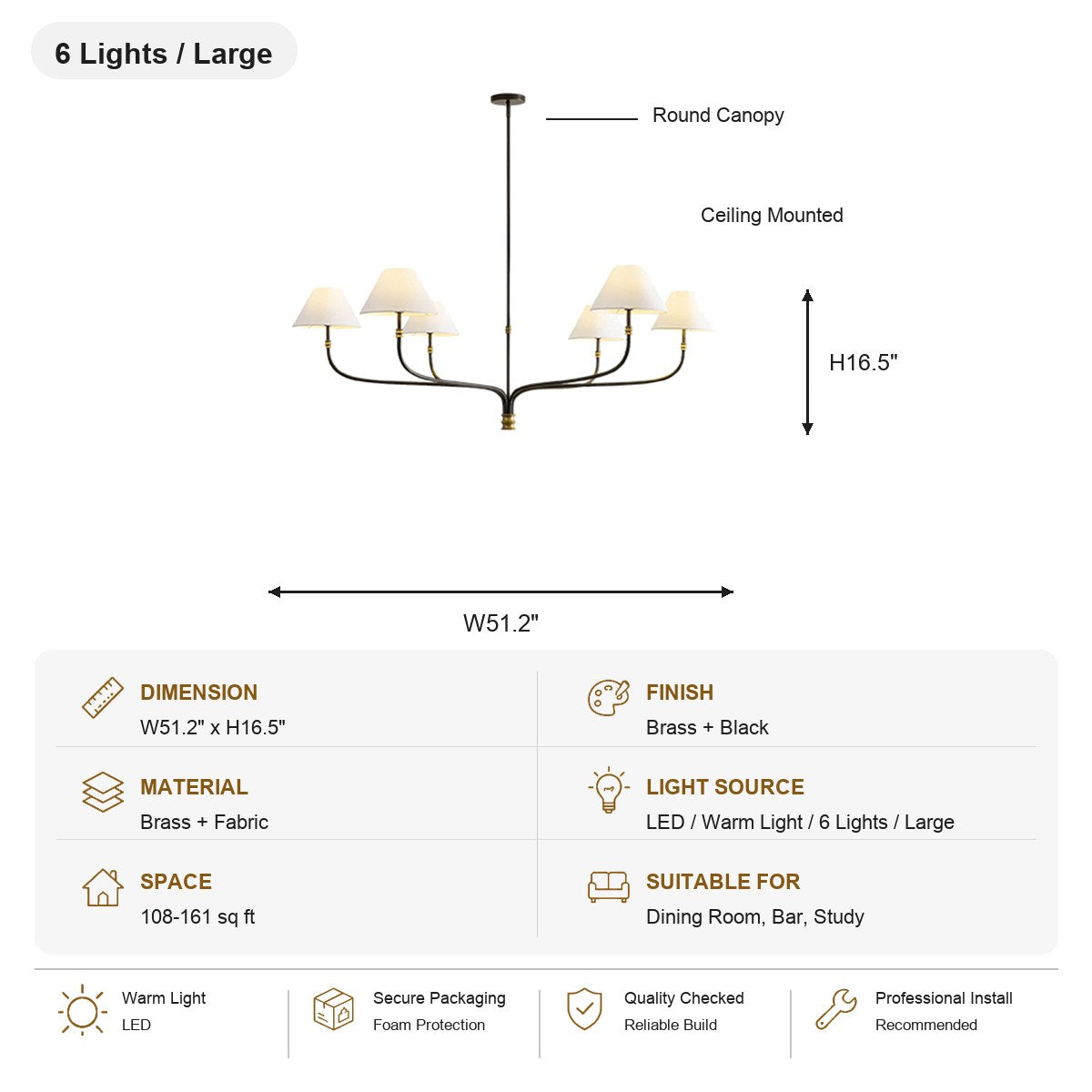 Brass and Black Linear Chandelier 6 Lights / Large SKU specification card, view 17