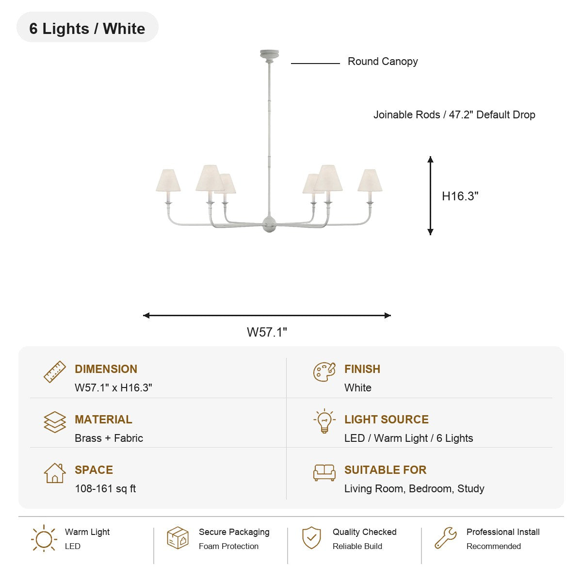 Tiered Brass and Fabric Linear Chandelier 6 Lights / White SKU specification card, view 17