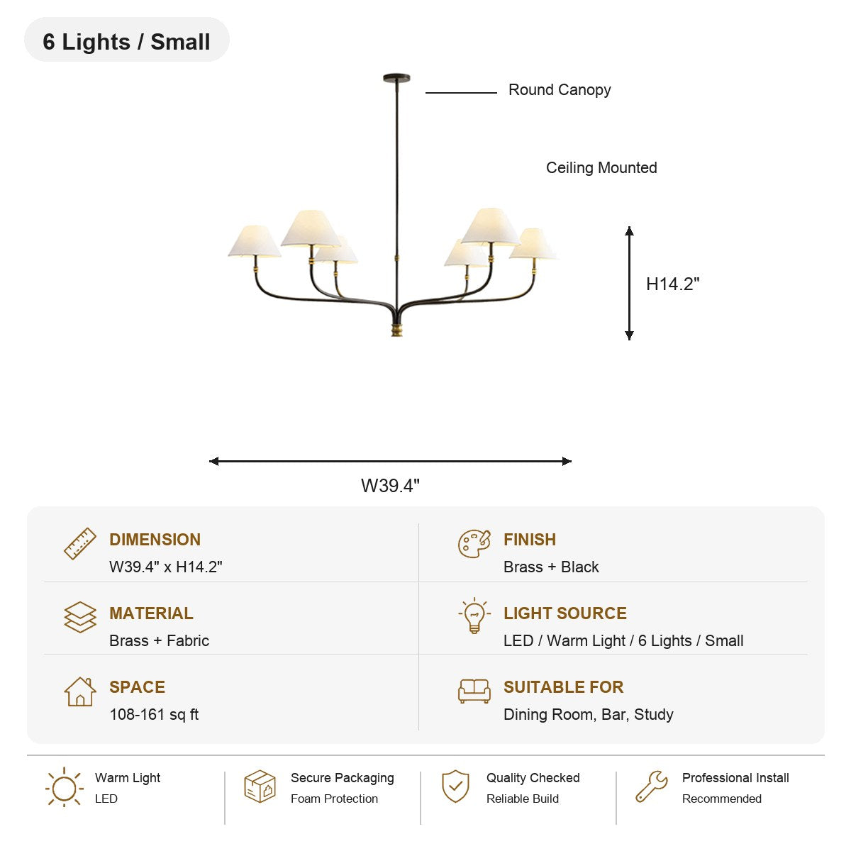 Brass and Black Linear Chandelier 6 Lights / Small SKU specification card, view 18