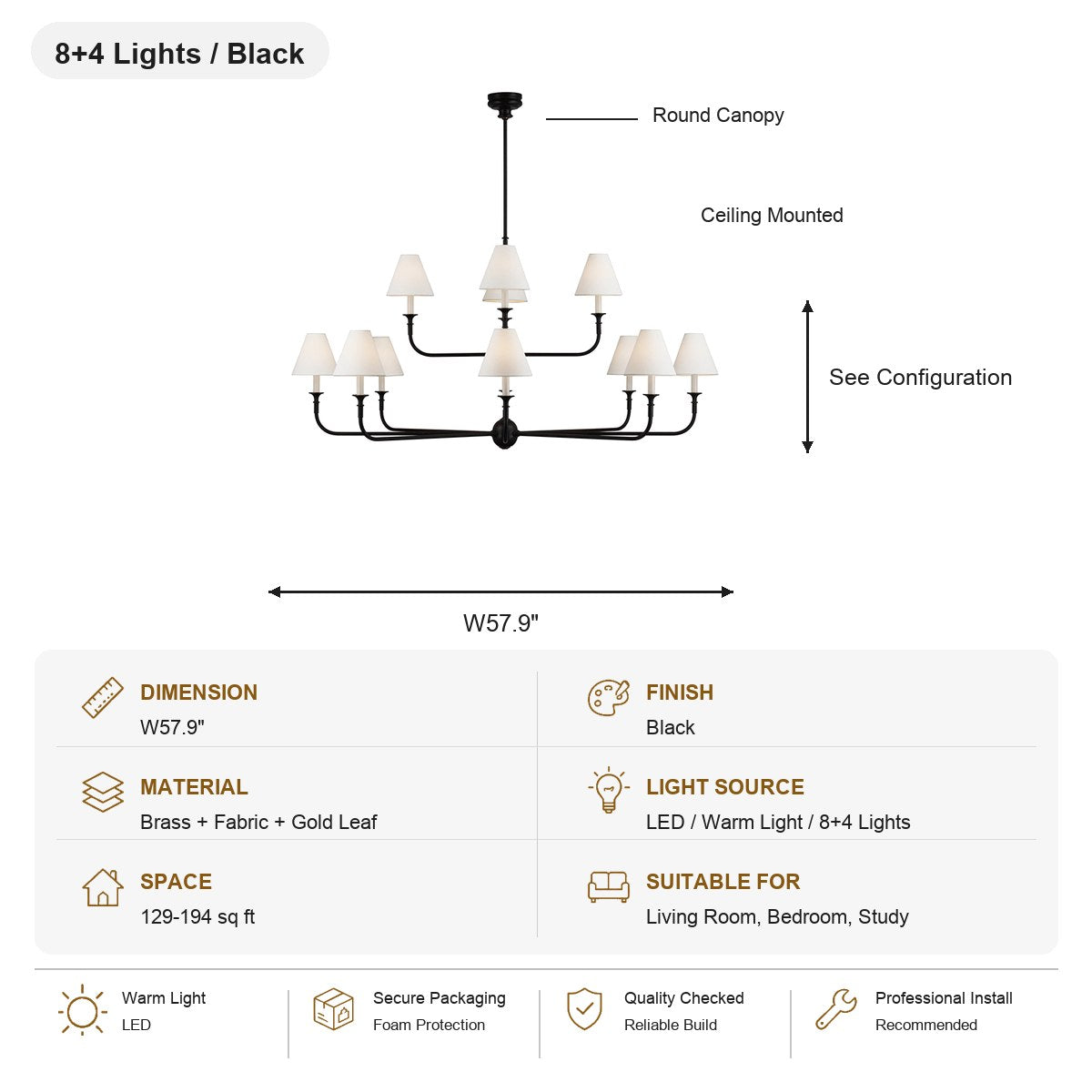 Tiered Brass and Fabric Linear Chandelier 8+4 Lights / Black SKU specification card, view 18