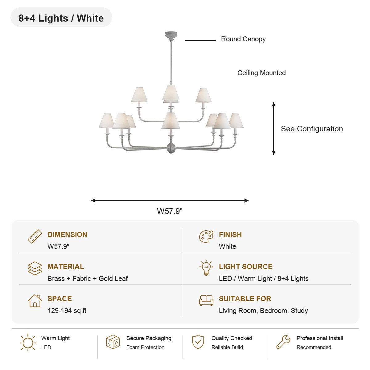 Tiered Brass and Fabric Linear Chandelier 8+4 Lights / White SKU specification card, view 19