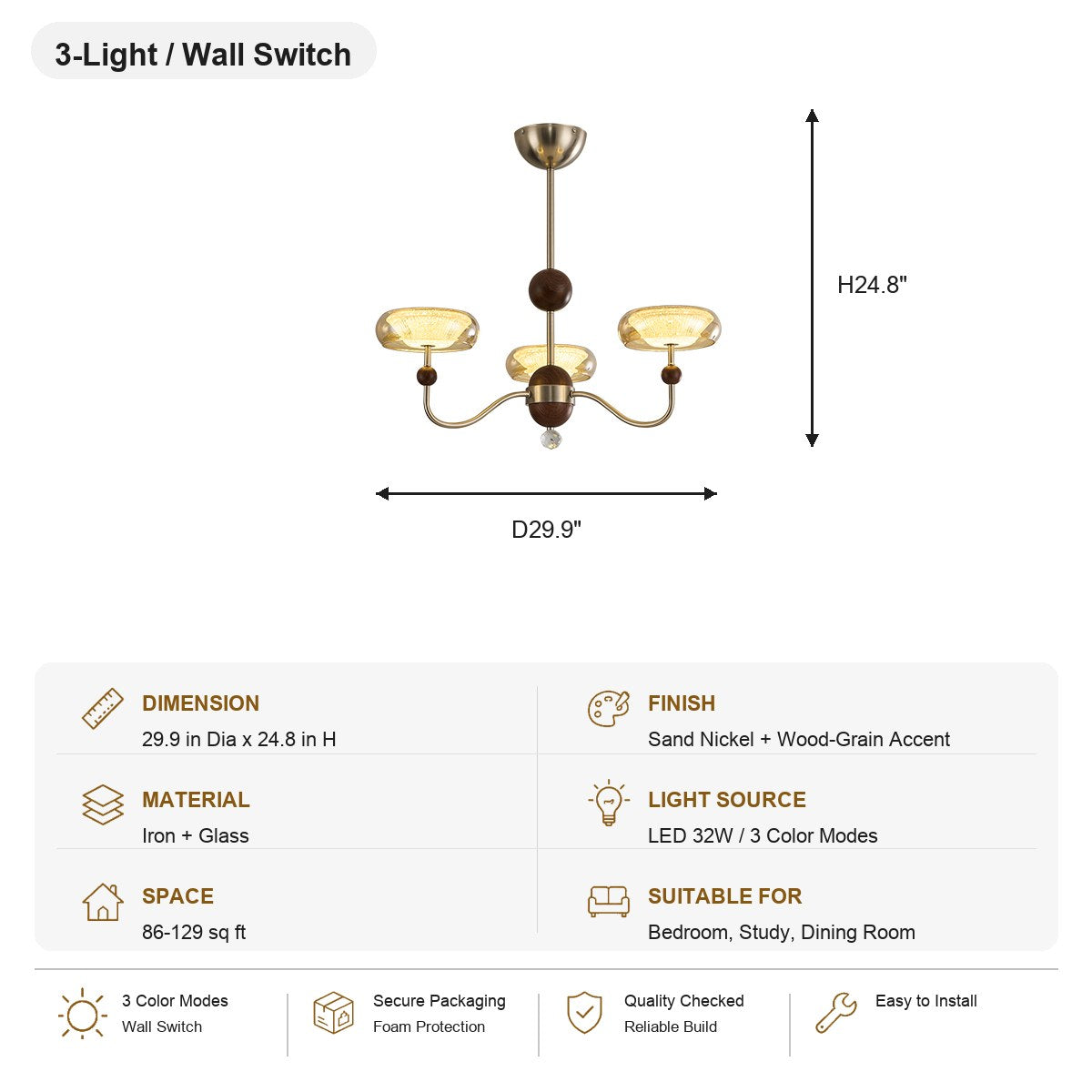 Sand Nickel Wood-Grain Glass LED Chandelier - SKU spec card - 8084-sku-al-8084-3l-wall