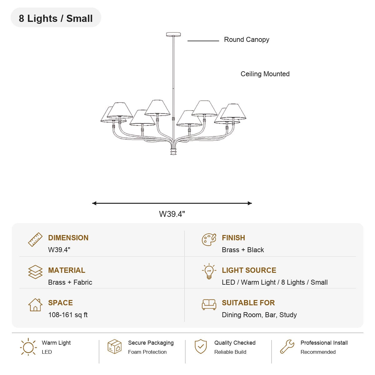 Brass and Black Linear Chandelier 8 Lights / Small SKU specification card, view 20