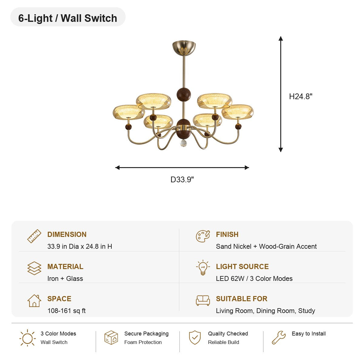Sand Nickel Wood-Grain Glass LED Chandelier - SKU spec card - 8084-sku-al-8084-6l-wall