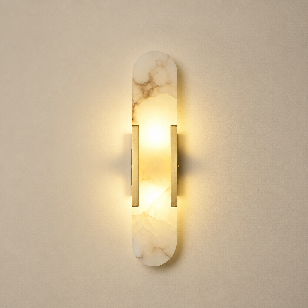 Modern Alabaster Capsule Wall Sconce illuminated front view