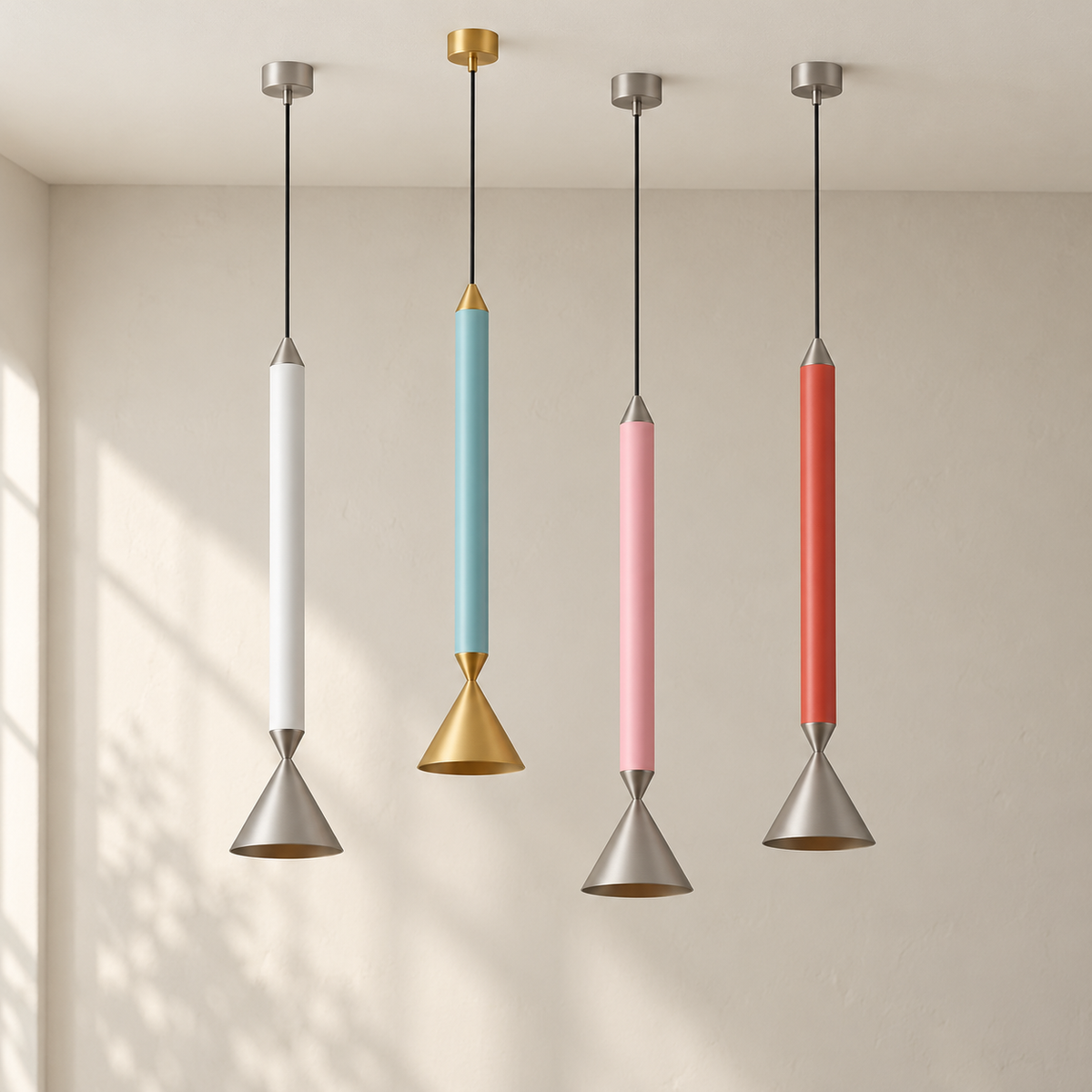 Modern Slim Cone Mini Pendant Light in White, Blue, Pink and Red, arranged at staggered heights