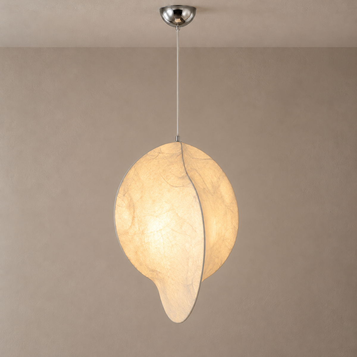 Mulberry Silk Overlapping Oval Pendant Light illuminated against a warm taupe wall with extended suspension cable
