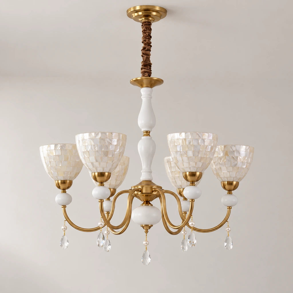 Nacivelle six-light shell mosaic and white glass chandelier, lights off, full canopy and adjustable chain