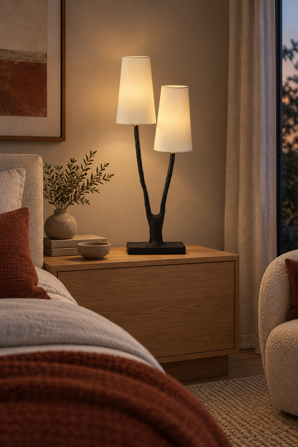 Noirbough branch table lamp illuminated in a warm modern bedroom