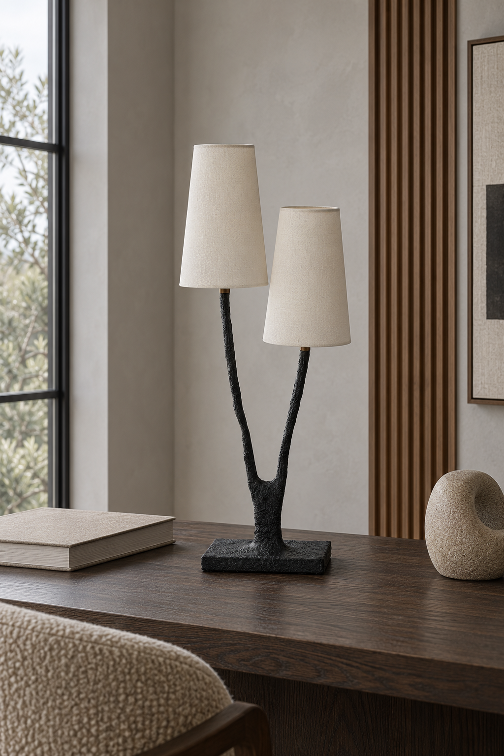 Noirbough branch table lamp unlit in an organic-modern study