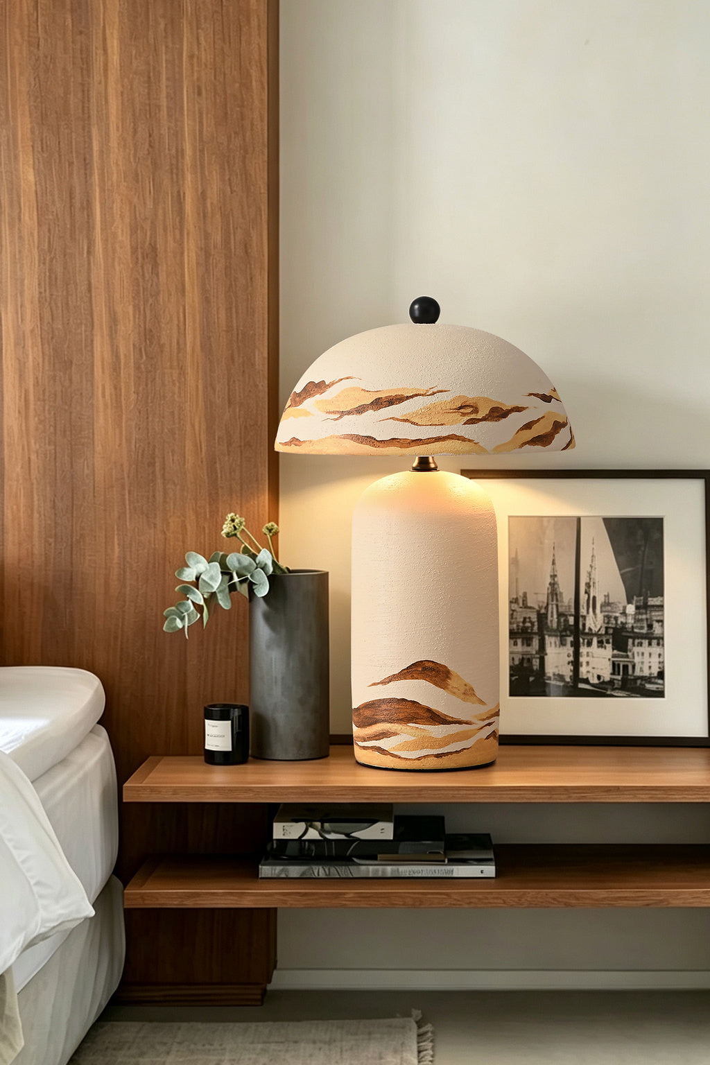 Desert Ivory hand-painted ceramic table lamp in the original interior scene