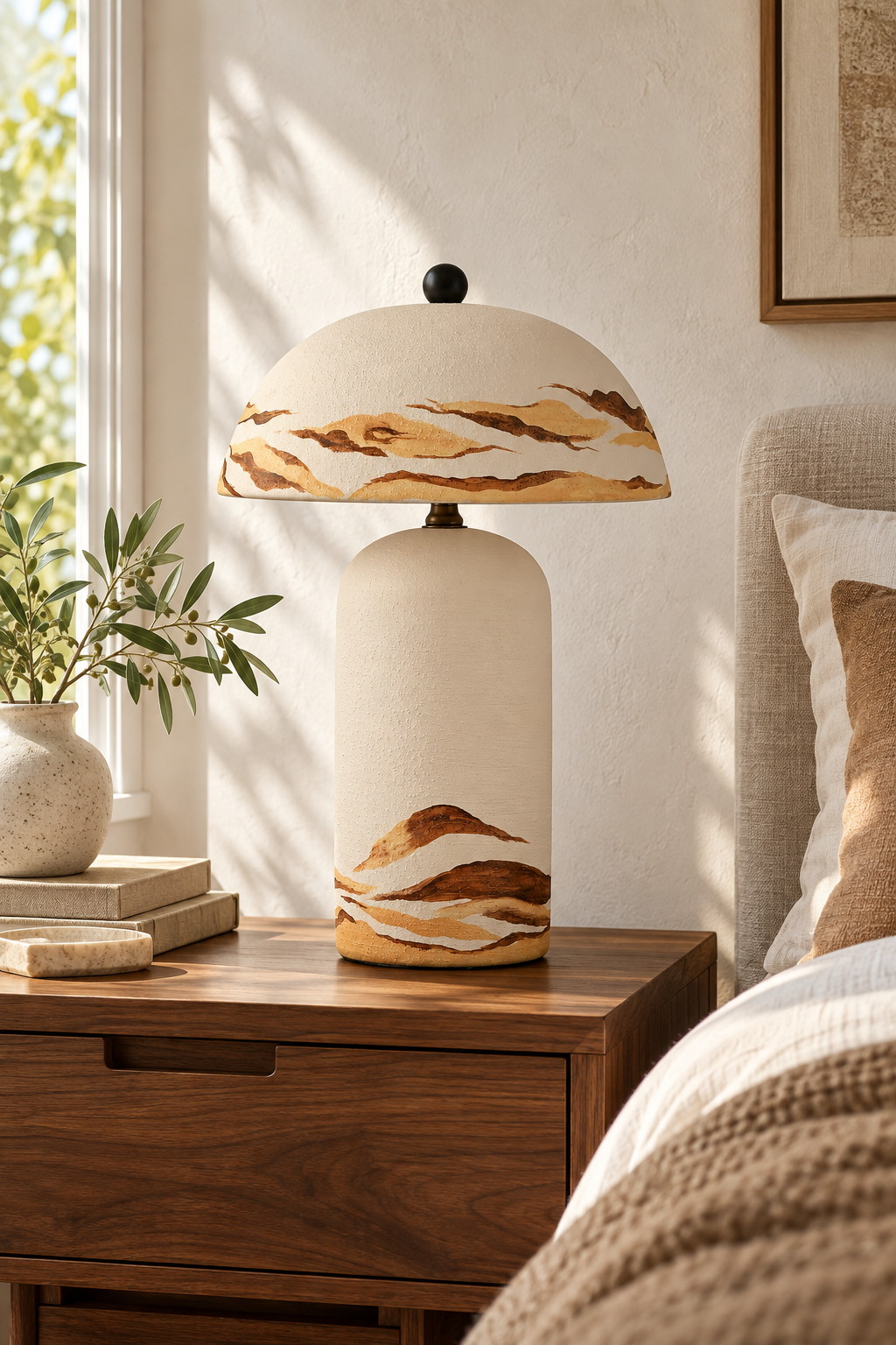 Desert Ivory ceramic table lamp unlit on a warm Japandi bedroom nightstand