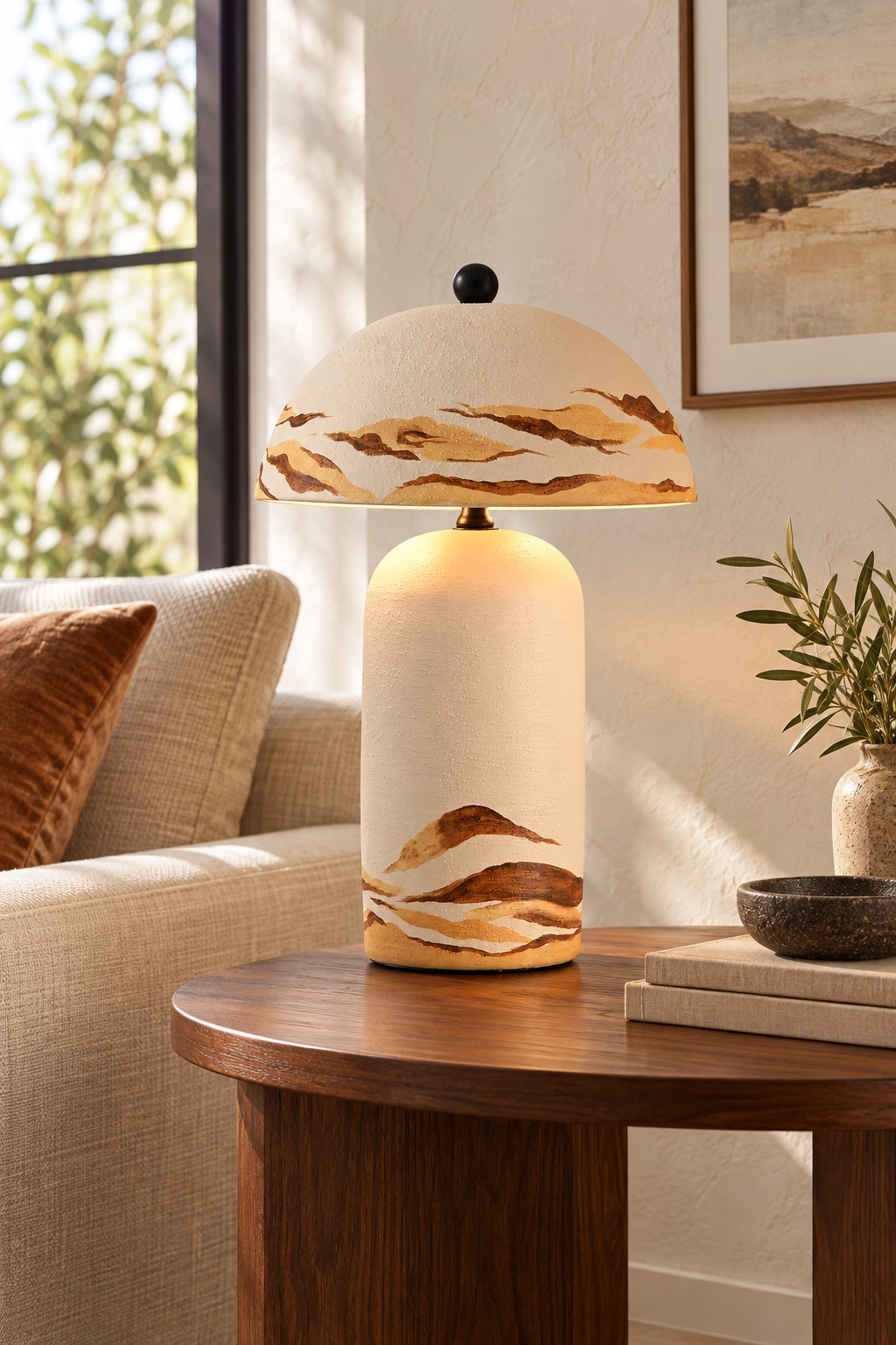 Desert Ivory ceramic table lamp lit in a warm modern living room