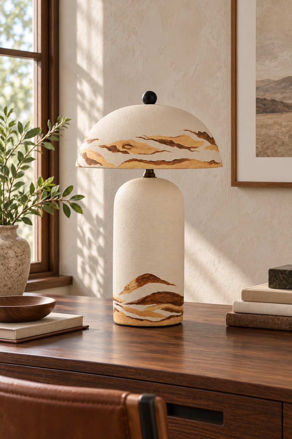 Desert Ivory ceramic table lamp unlit in a quiet wabi-sabi study