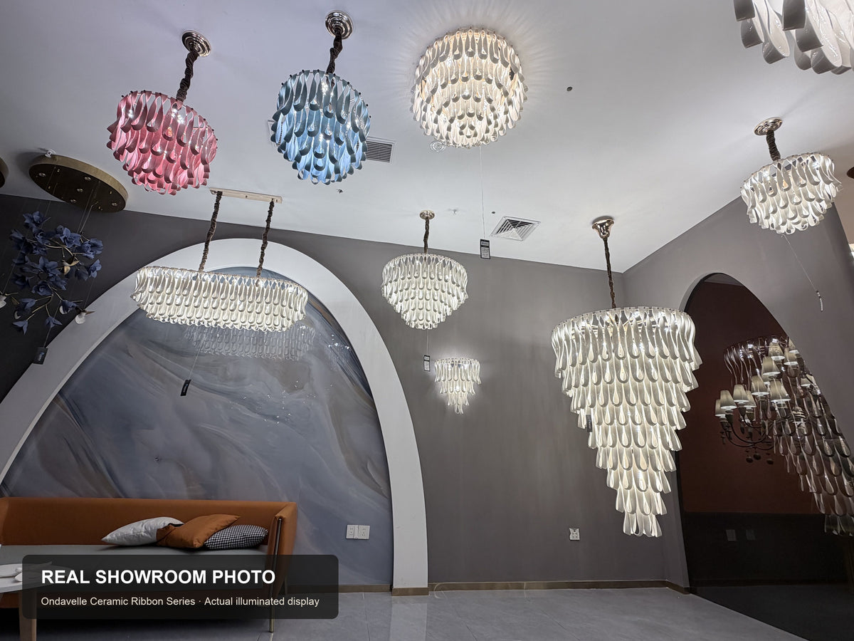 Ondavelle Ceramic Ribbon Series — real showroom overview with round, linear, flush-mount, and grand fixtures