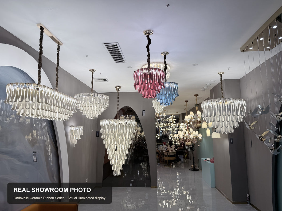 Ondavelle Ceramic Ribbon Series — real showroom installation with Ivory, Powder Blue, and Blush Pink finishes
