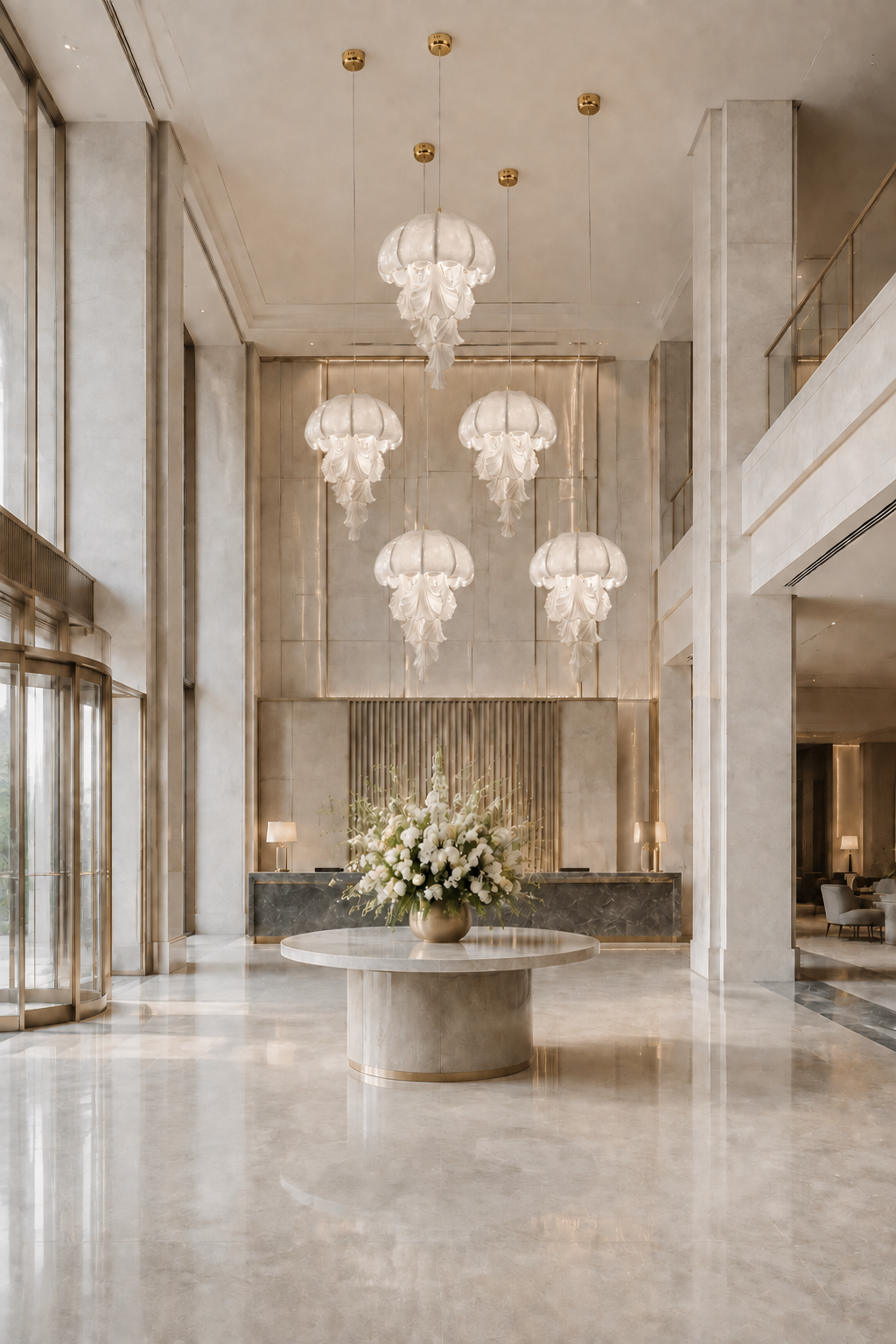 Ondelisse pendant — modern grand hotel lobby with individual ceiling canopies