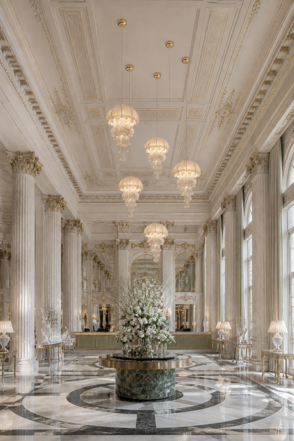 Ondelisse pendant — European palace hotel lobby with individual ceiling canopies