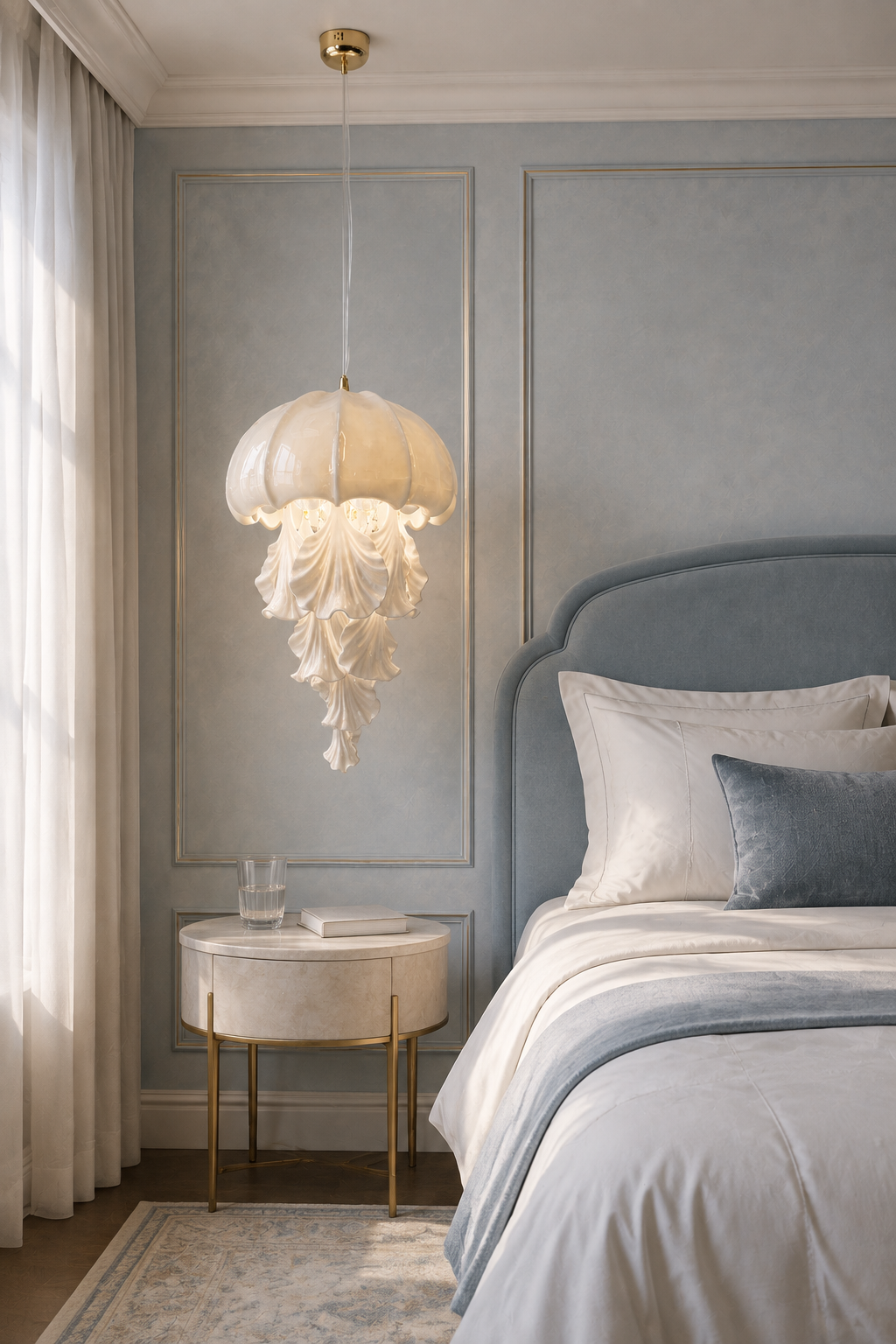 Ondelisse pendant — mist blue bedside scene