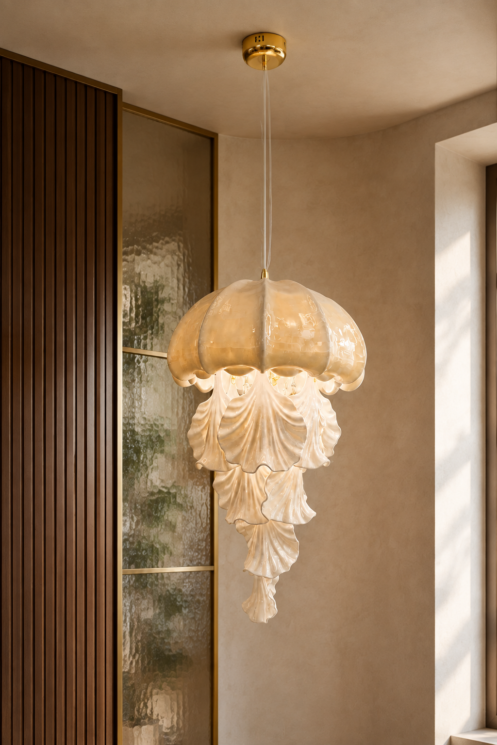 Ondelisse Ivory Jellyfish Pendant Light — generated walnut and glass interior concept