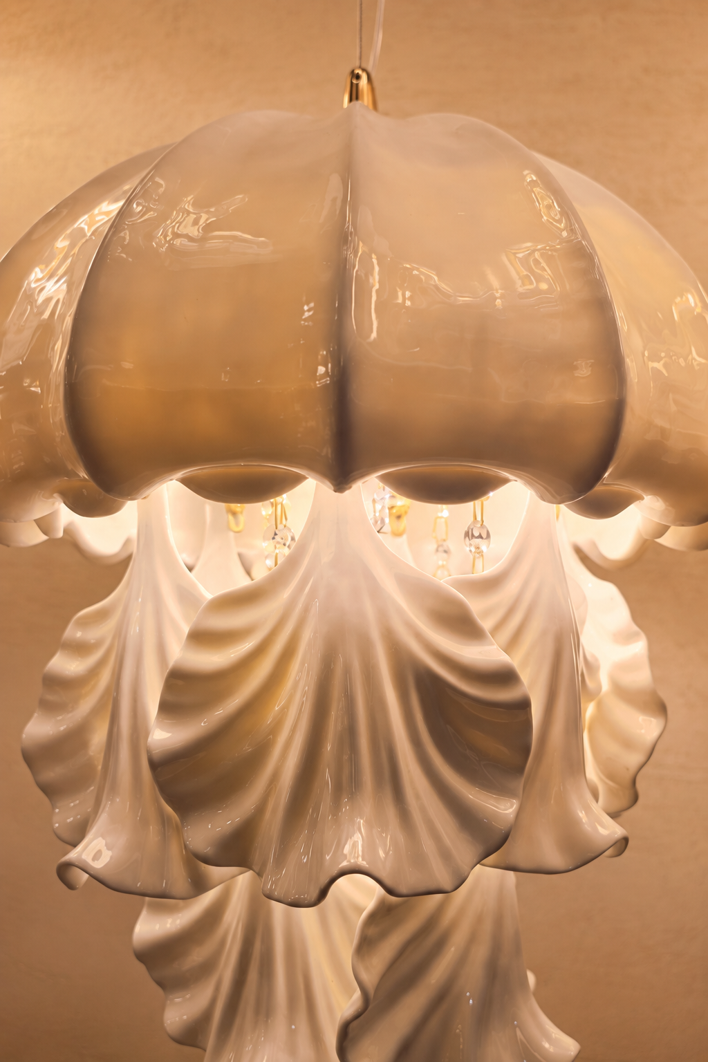 Ondelisse Ivory Jellyfish Pendant Light — source-grounded retouched draped petal detail