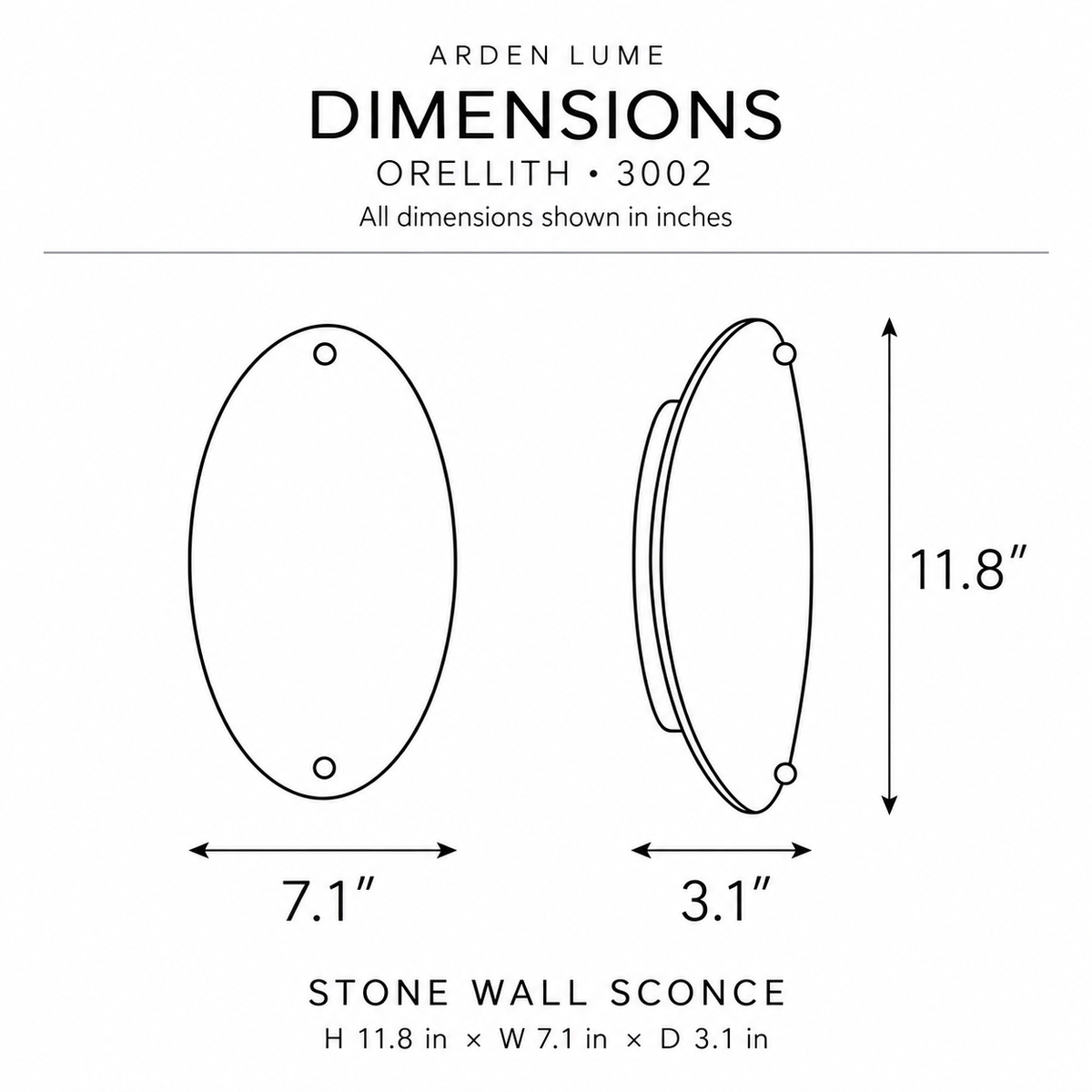 Orellith 3002 stone wall sconce dimension guide: 11.8 in high, 7.1 in wide and 3.1 in deep, front and side views.