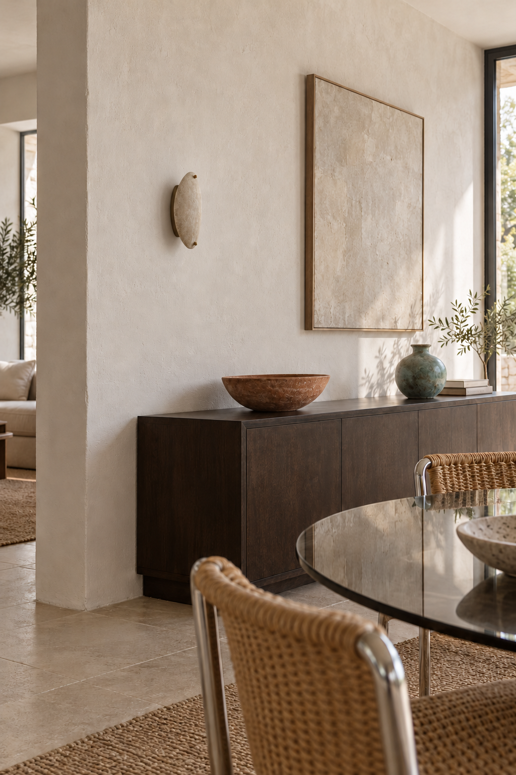 Unlit beige stone wall sconce above a dining sideboard