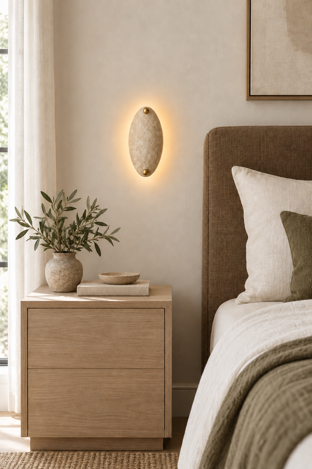 Beige stone wall sconce illuminated beside a linen bed