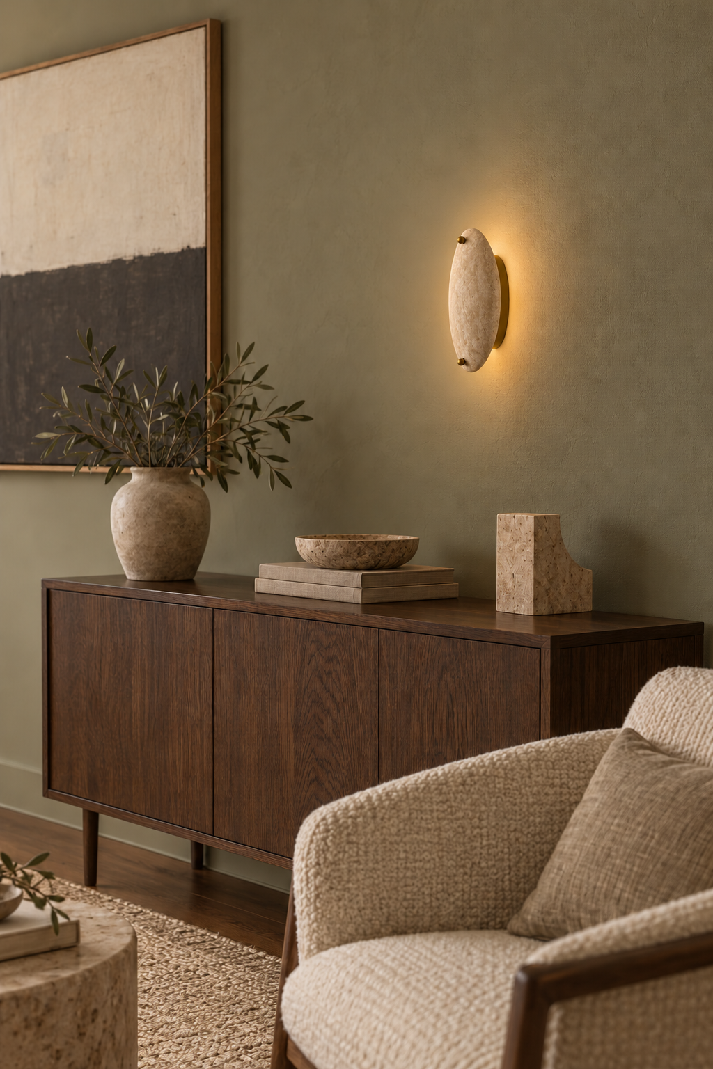 Illuminated beige stone wall sconce against an olive wall