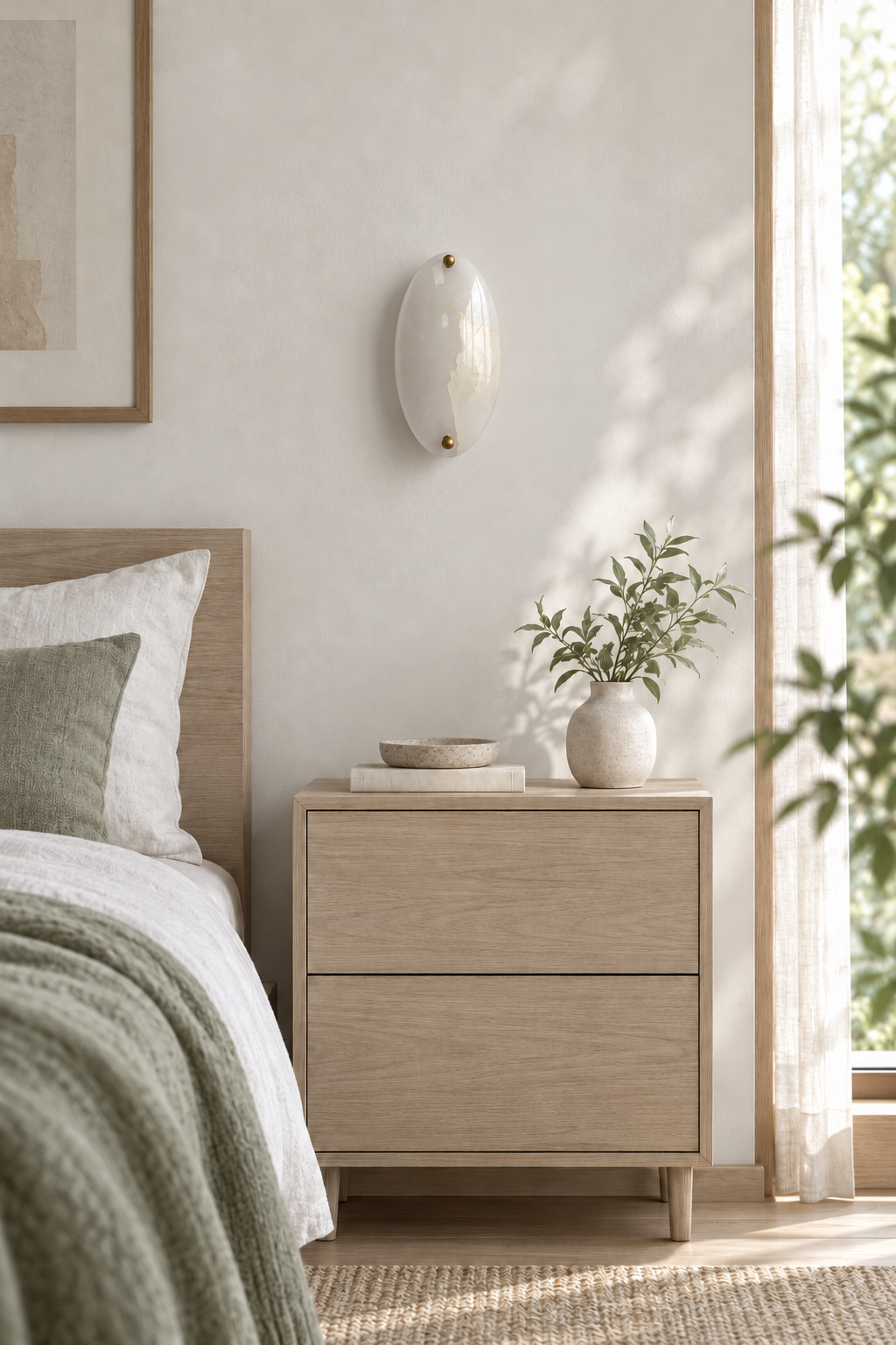 Unlit white stone wall sconce in a pale wood bedroom