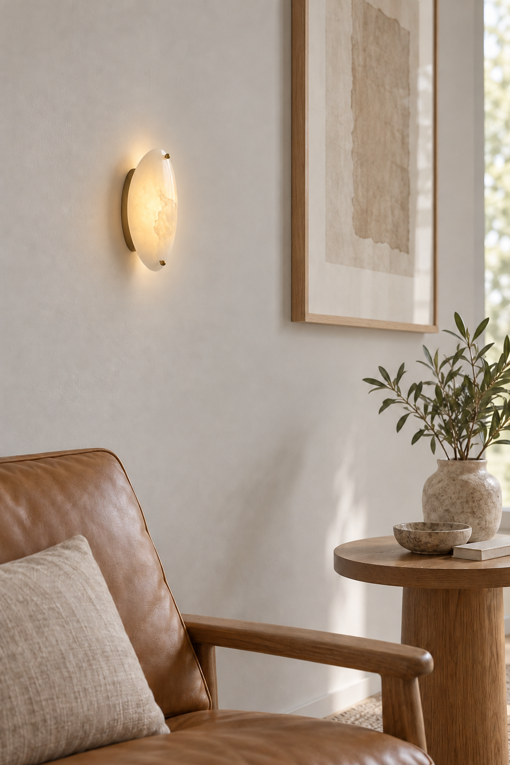 White stone wall sconce illuminating a relaxed seating corner